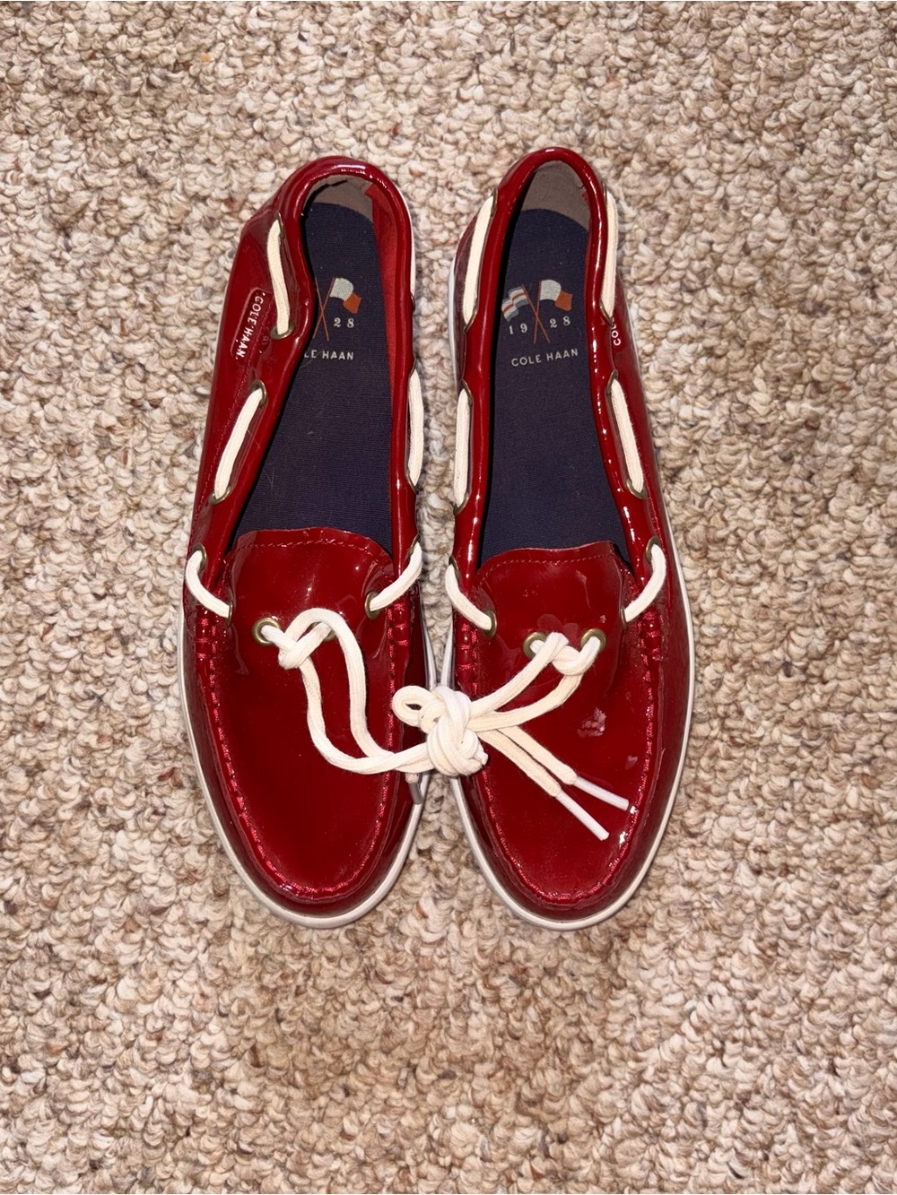 Cole Haan Red Patent Leather Moccasin Boat Shoes with White Laces